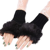 Women’s Faux Fur Fingerless Knitted Gloves | Warm Winter Hand Wrist Warmers | Soft, Stylish & Comfortable | Black