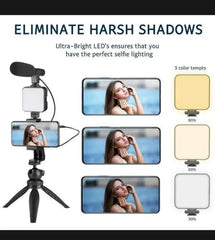 AY-49 Video Making Kit | All-in-One Vlogging Tripod with Wireless Remote, Microphone, LED Light & Mobile Holder